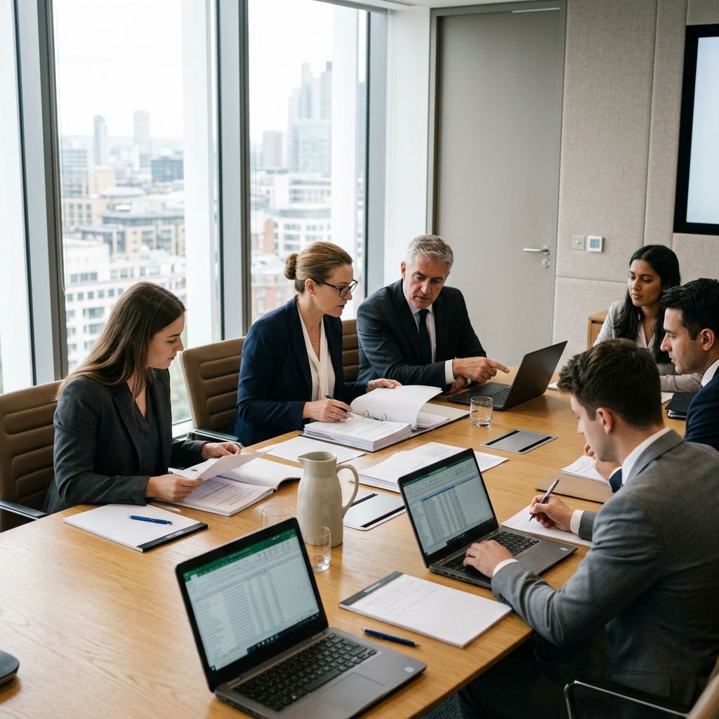 Compliance consultants in a boardroom audit