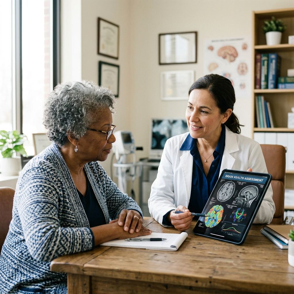 Patient reviewing their brain health results with a clinician