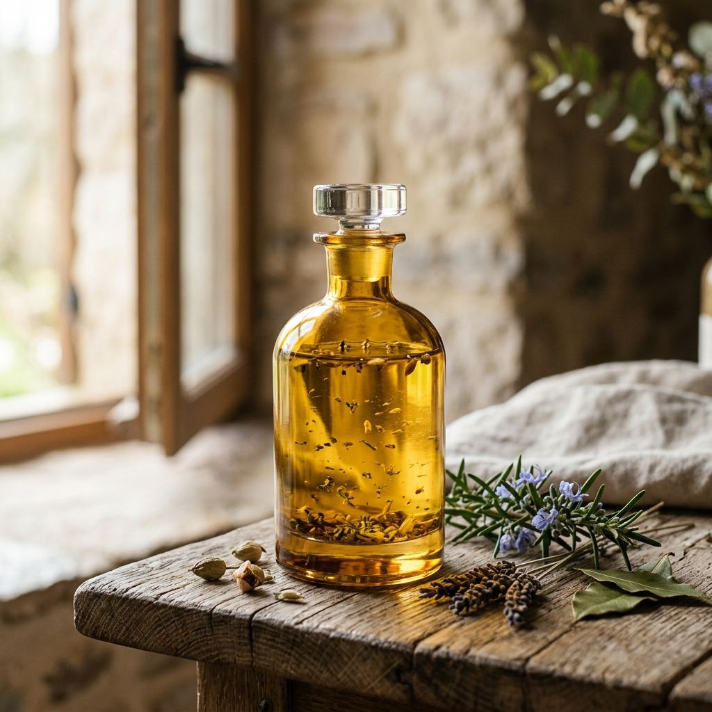 A golden glass cologne bottle with herb-flecked liquid