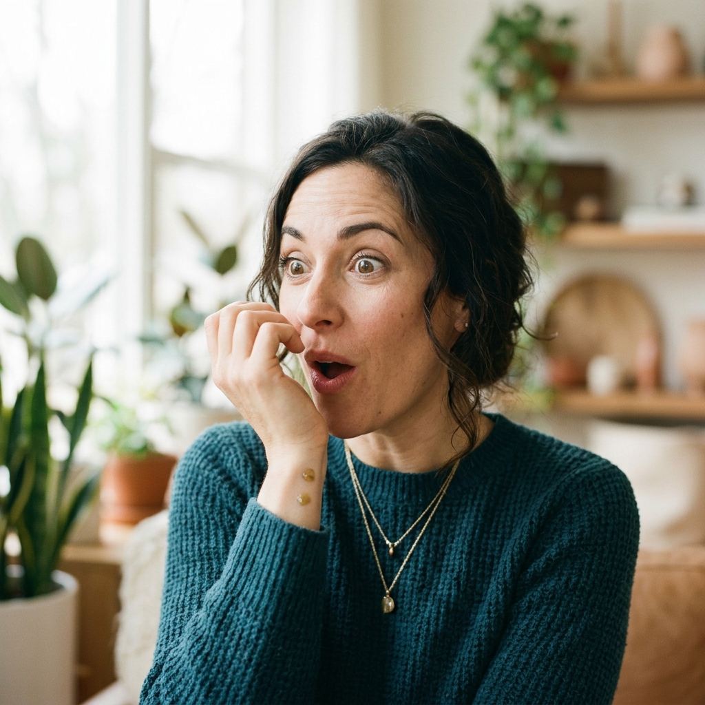 Stylish woman with wide eyes reacting to a scent