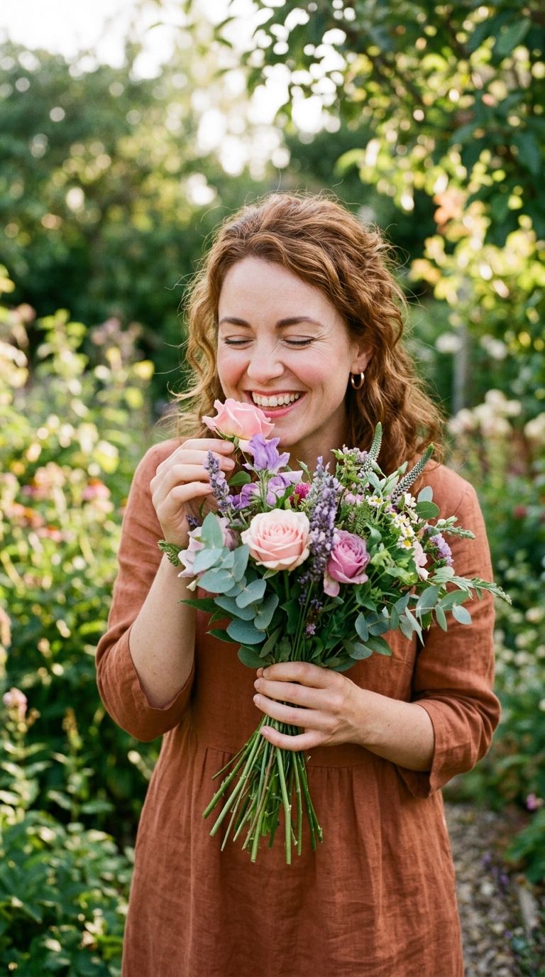 Woman with a delighted, surprised expression mid-sniff