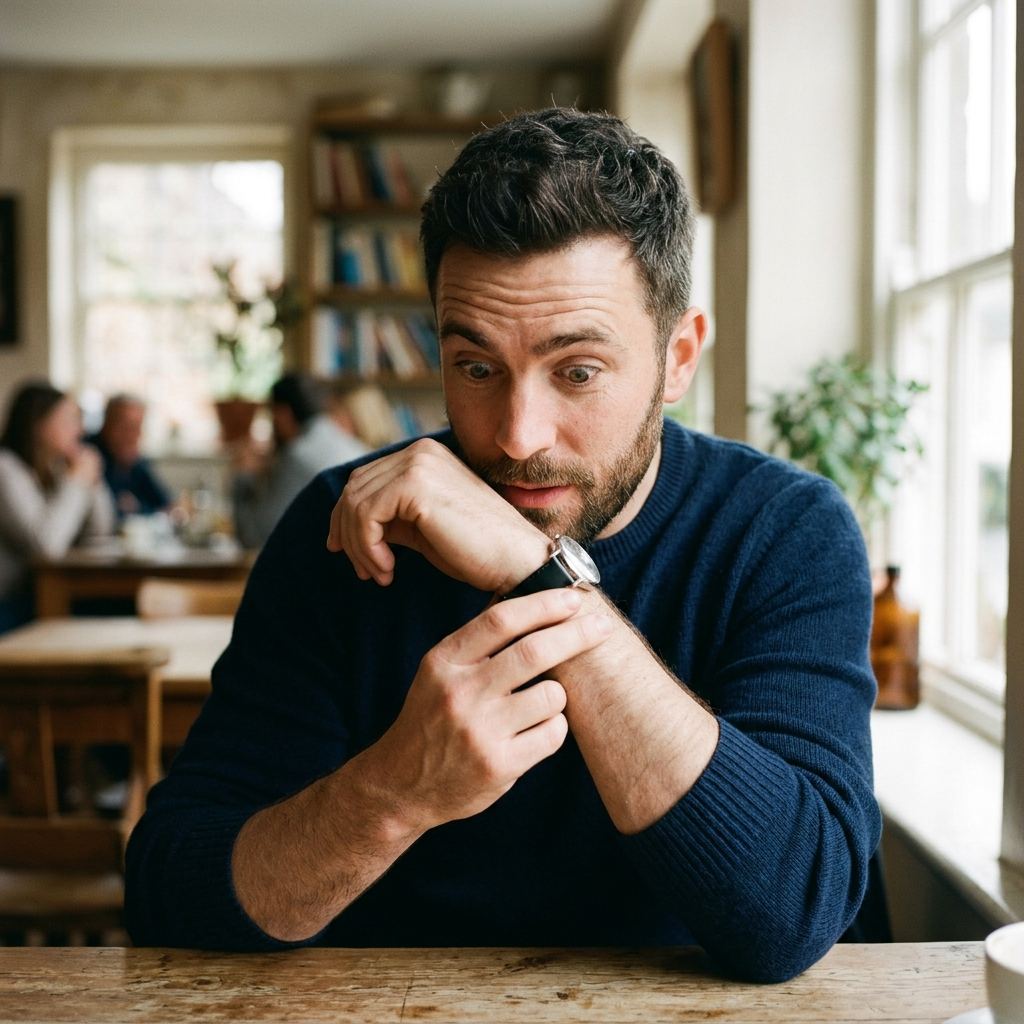 Man raising his eyebrows in surprise smelling his wrist