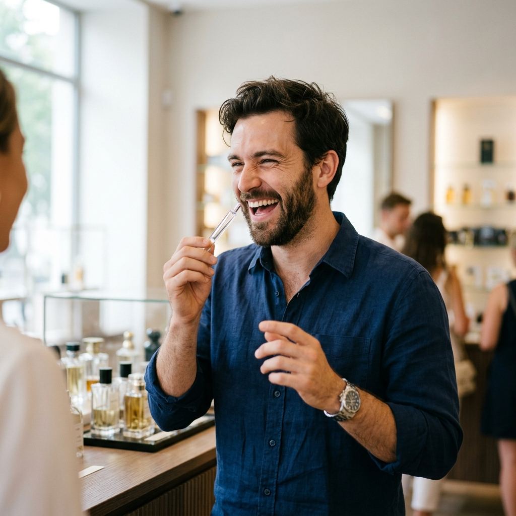 Man laughing in surprise after smelling cologne