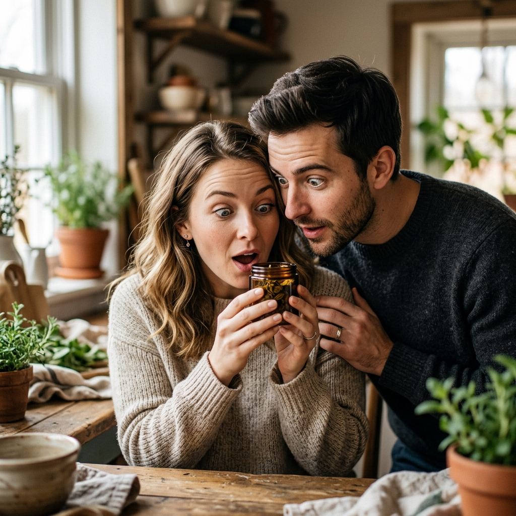 Couple leaning in, both surprised by the scent