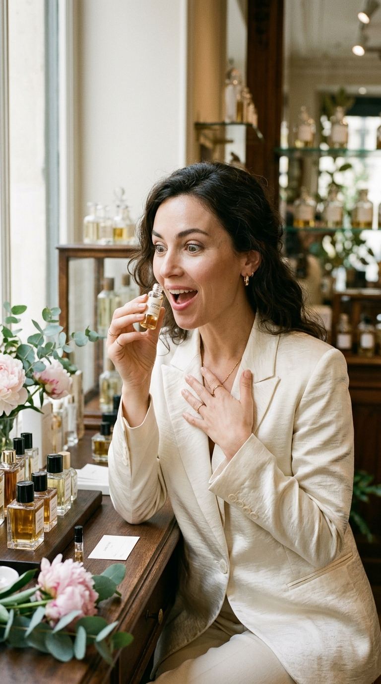 Elegant woman astonished by a perfume sample