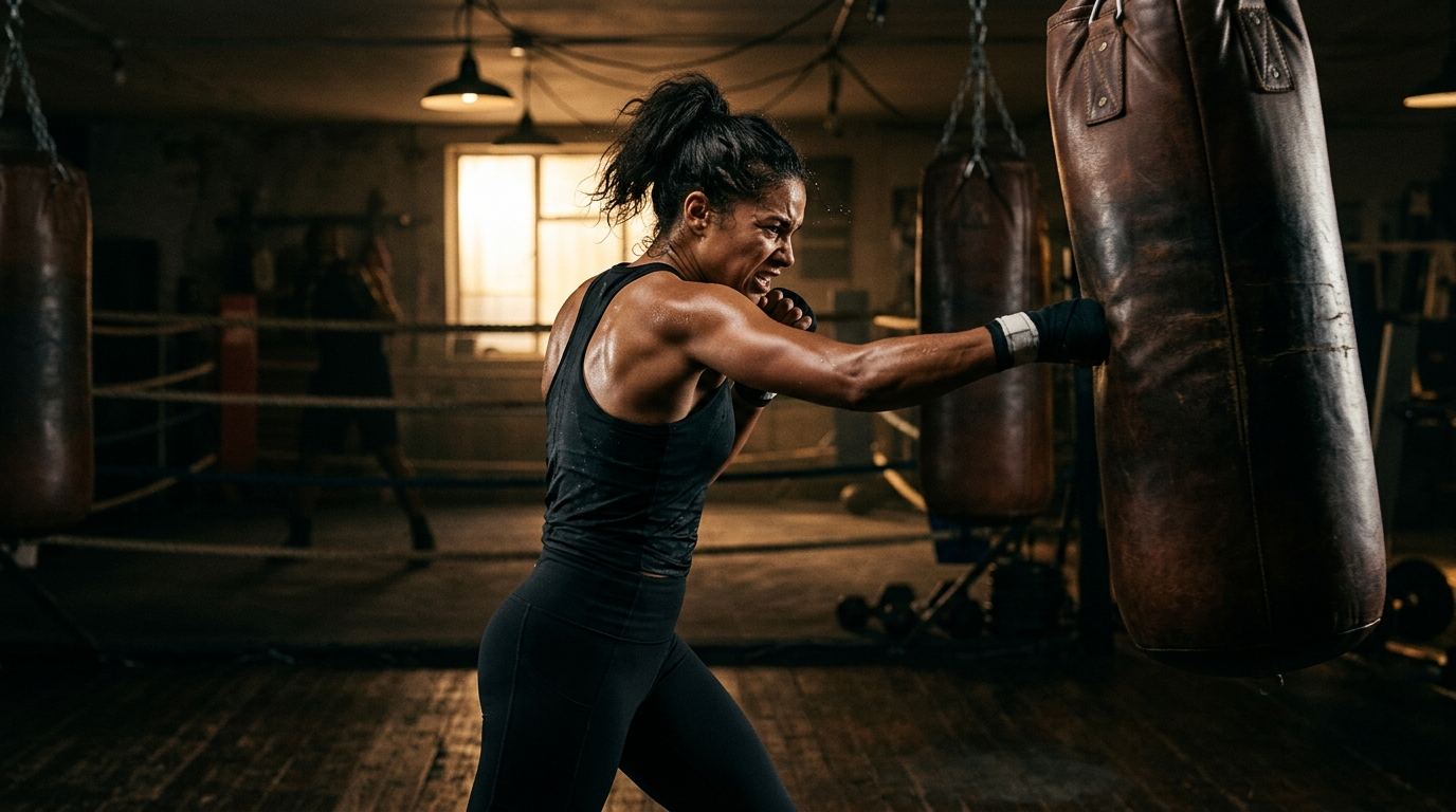 Woman training hard in low light