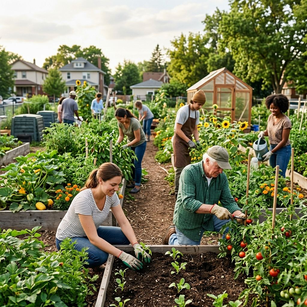 Volunteers tending a community garden