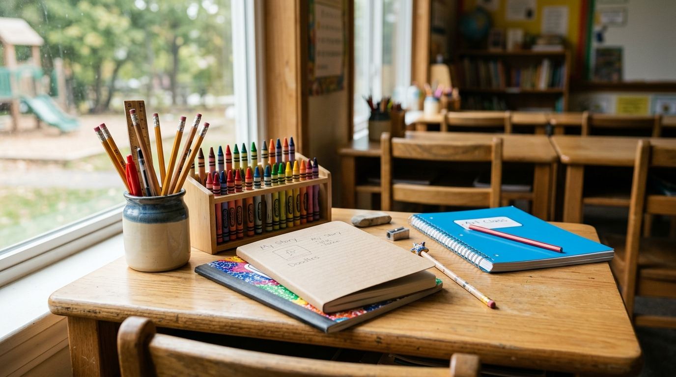 A neatly arranged classroom desk filled with pencils, notebooks and crayons