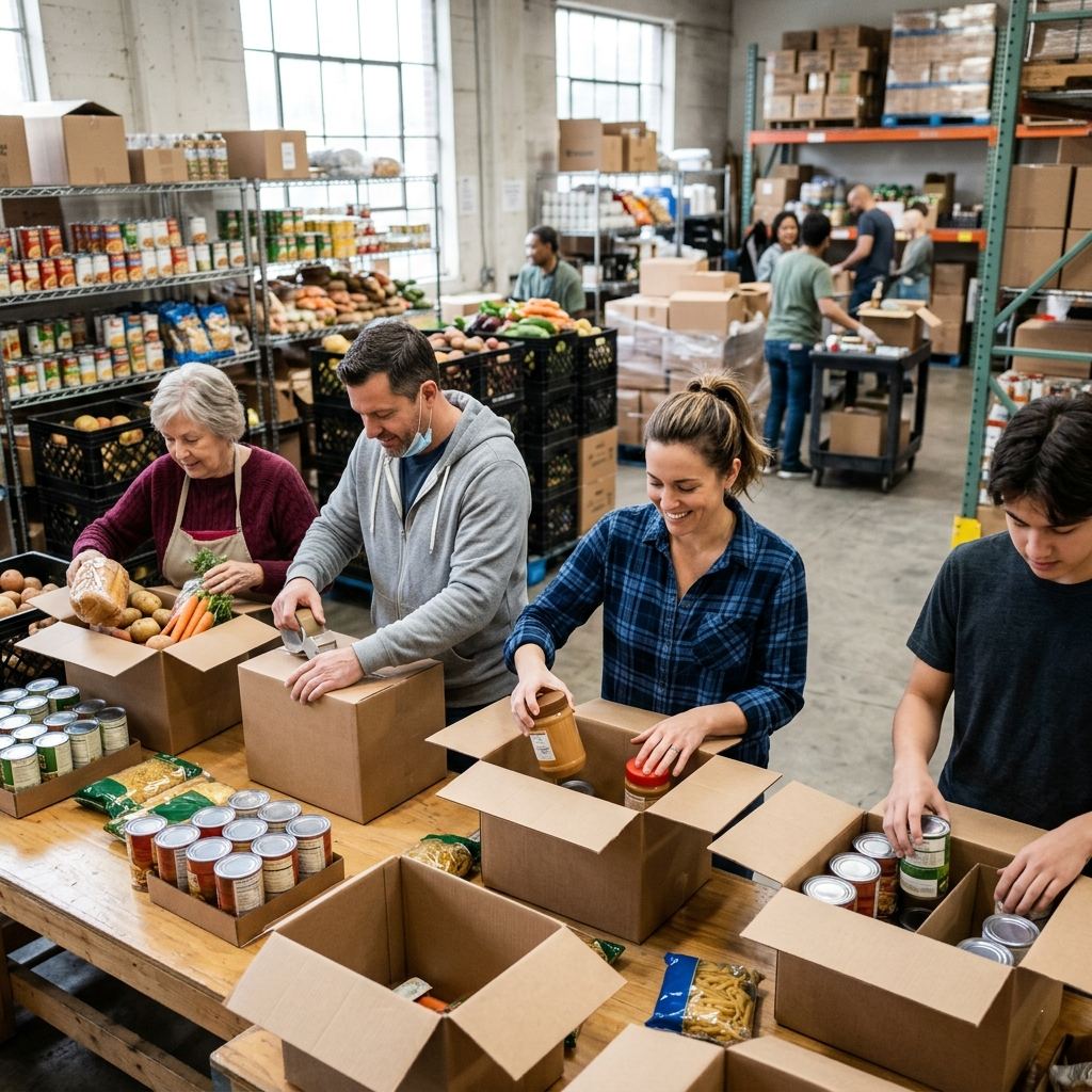 Volunteers packing boxes at a food bank