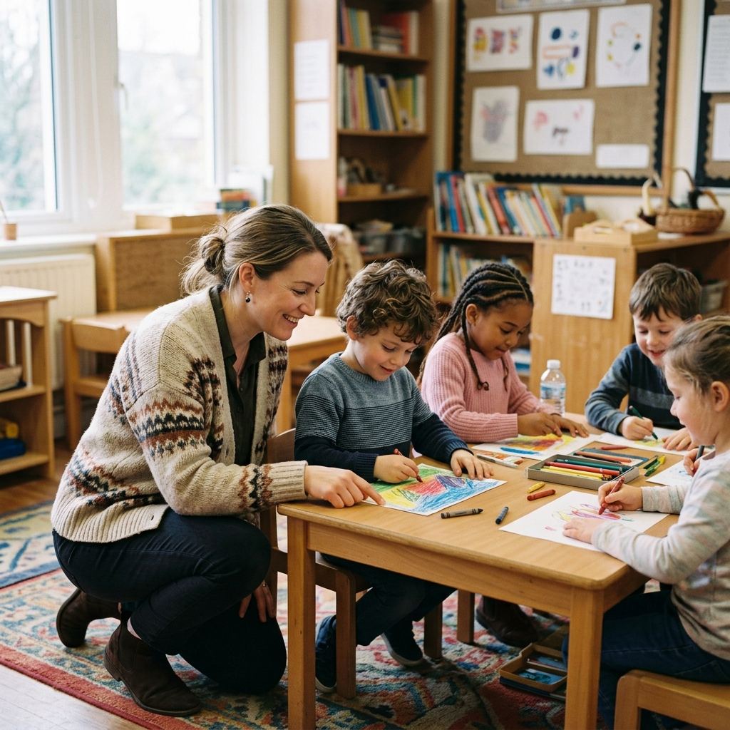 A teacher kneeling beside young students working at their desks