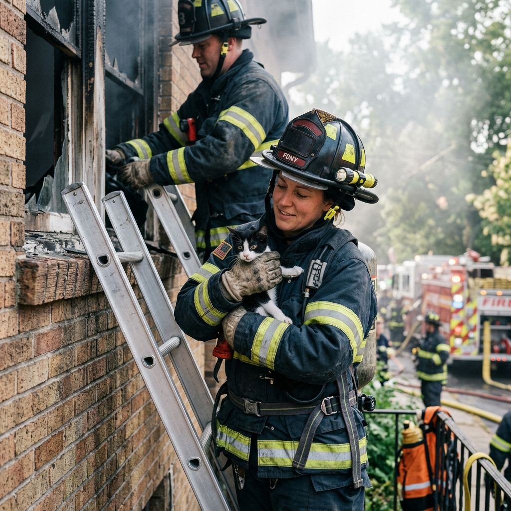 Firefighters helping a cat