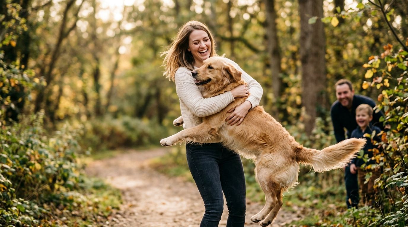 A golden dog leaps into the arms of a smiling family member