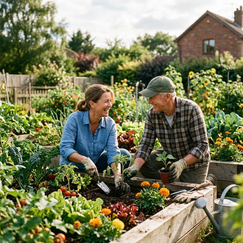 Neighbors gardening together