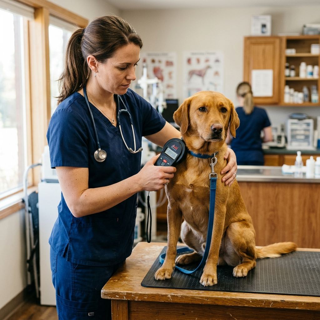 A veterinary technician scanning a dog for a microchip