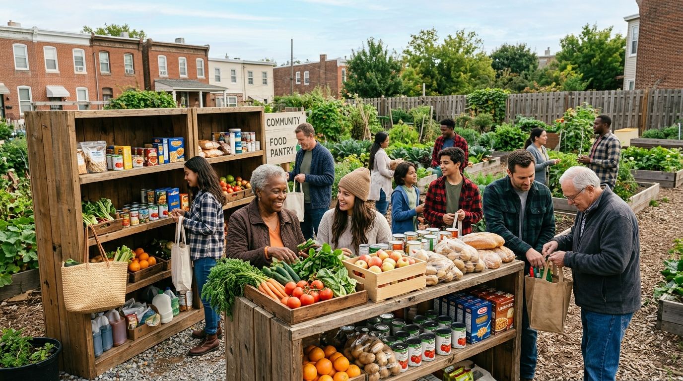 Neighbors gathered around shelves of donated food on a converted vacant lot