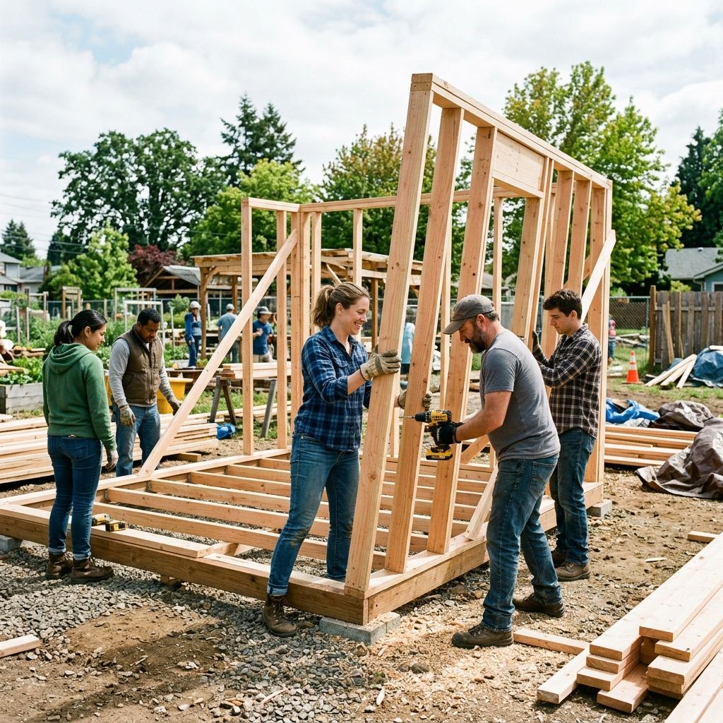 Volunteers assembling the pantry shed frame on the lot