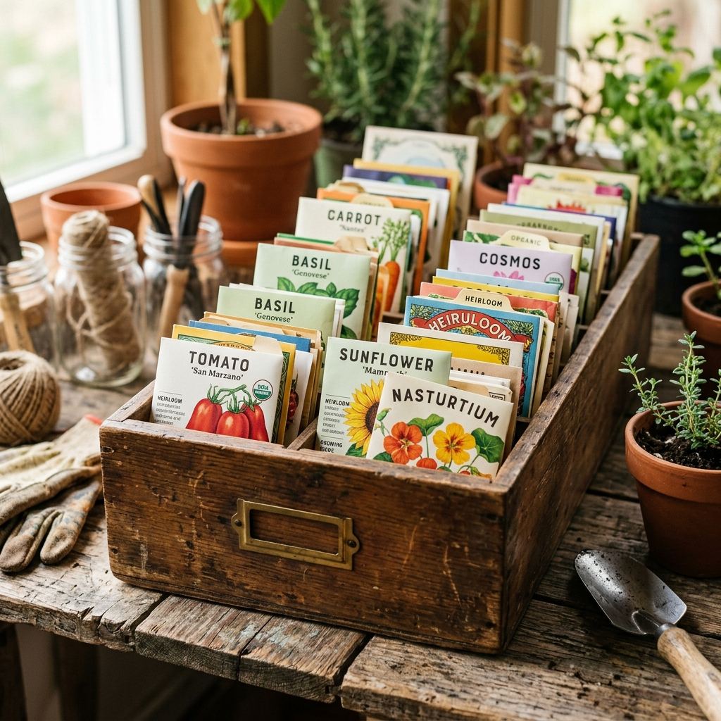 Wooden card catalog drawer filled with seed packets