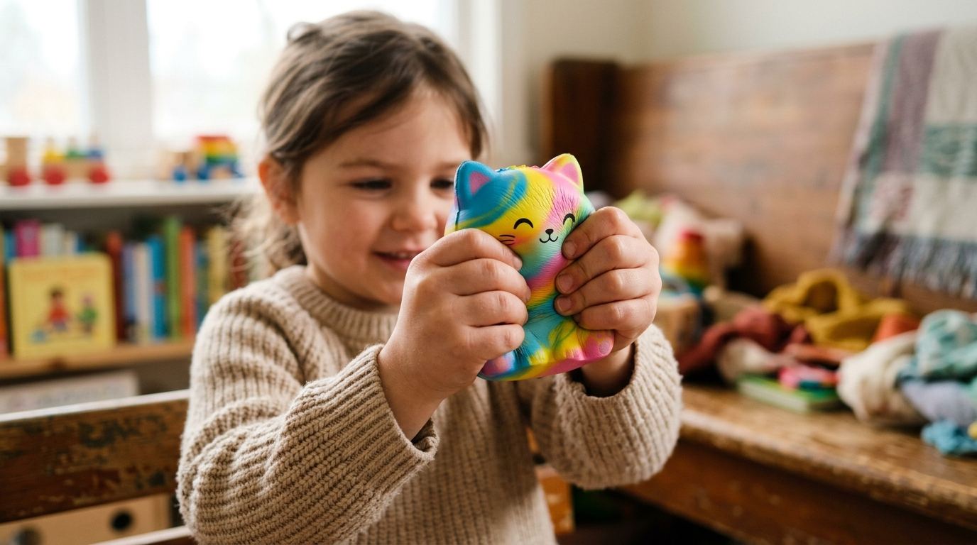A child squeezing a colorful squishy toy