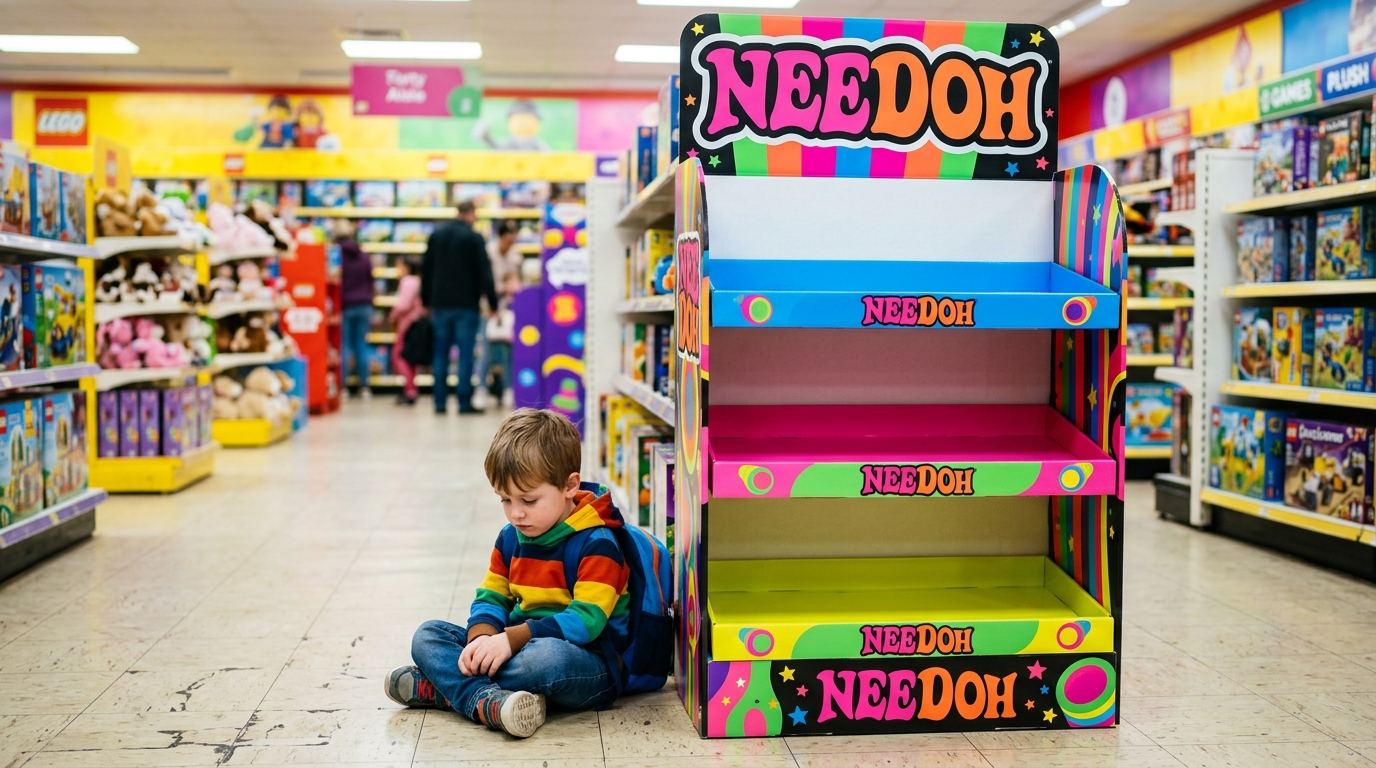 Empty toy store shelf where NeeDoh squishies once sat