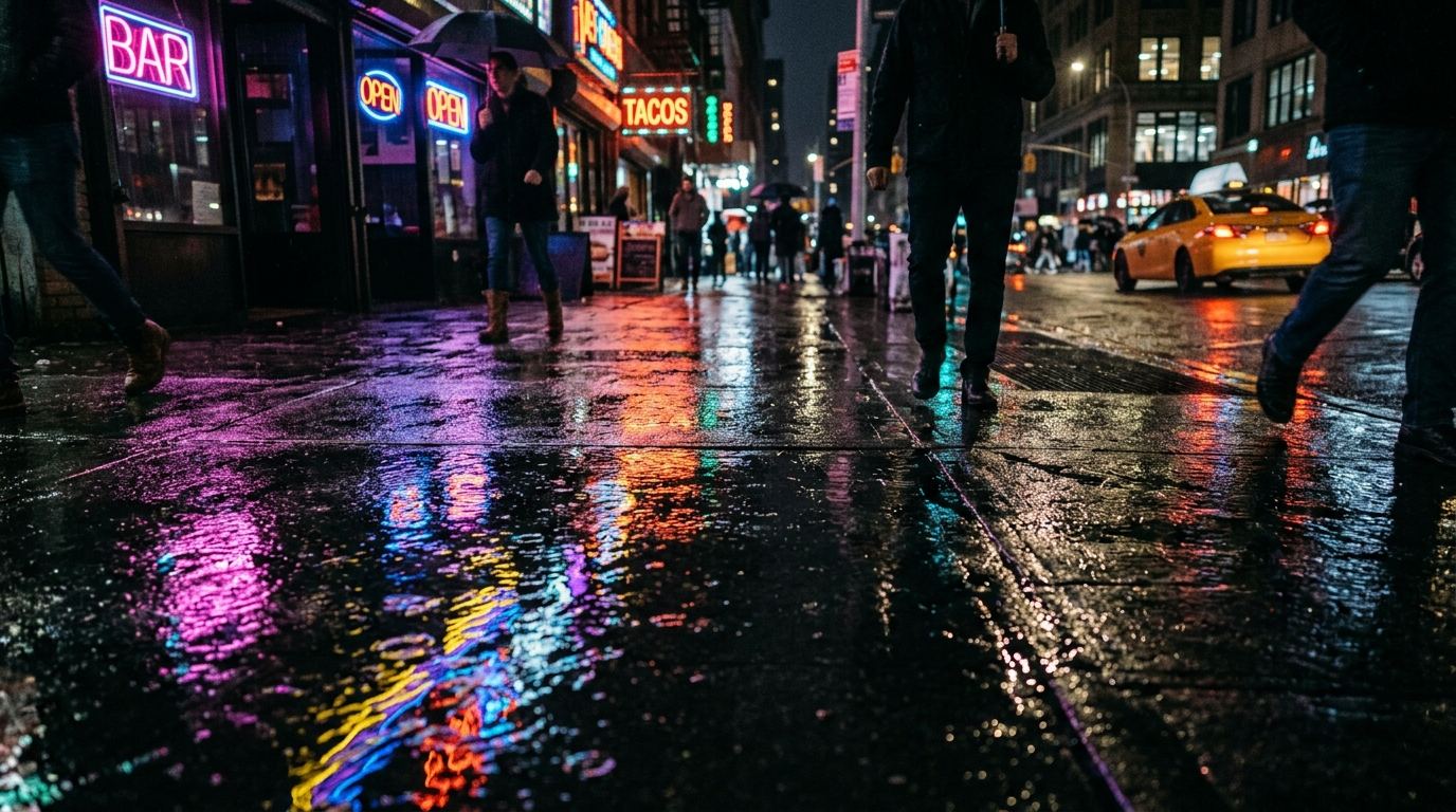 Neon light washing across a wet surface