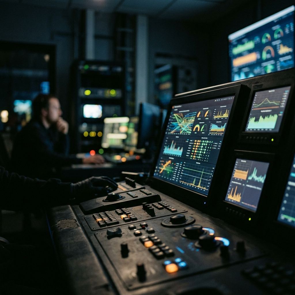 Abstract low-light photograph of a monitoring console