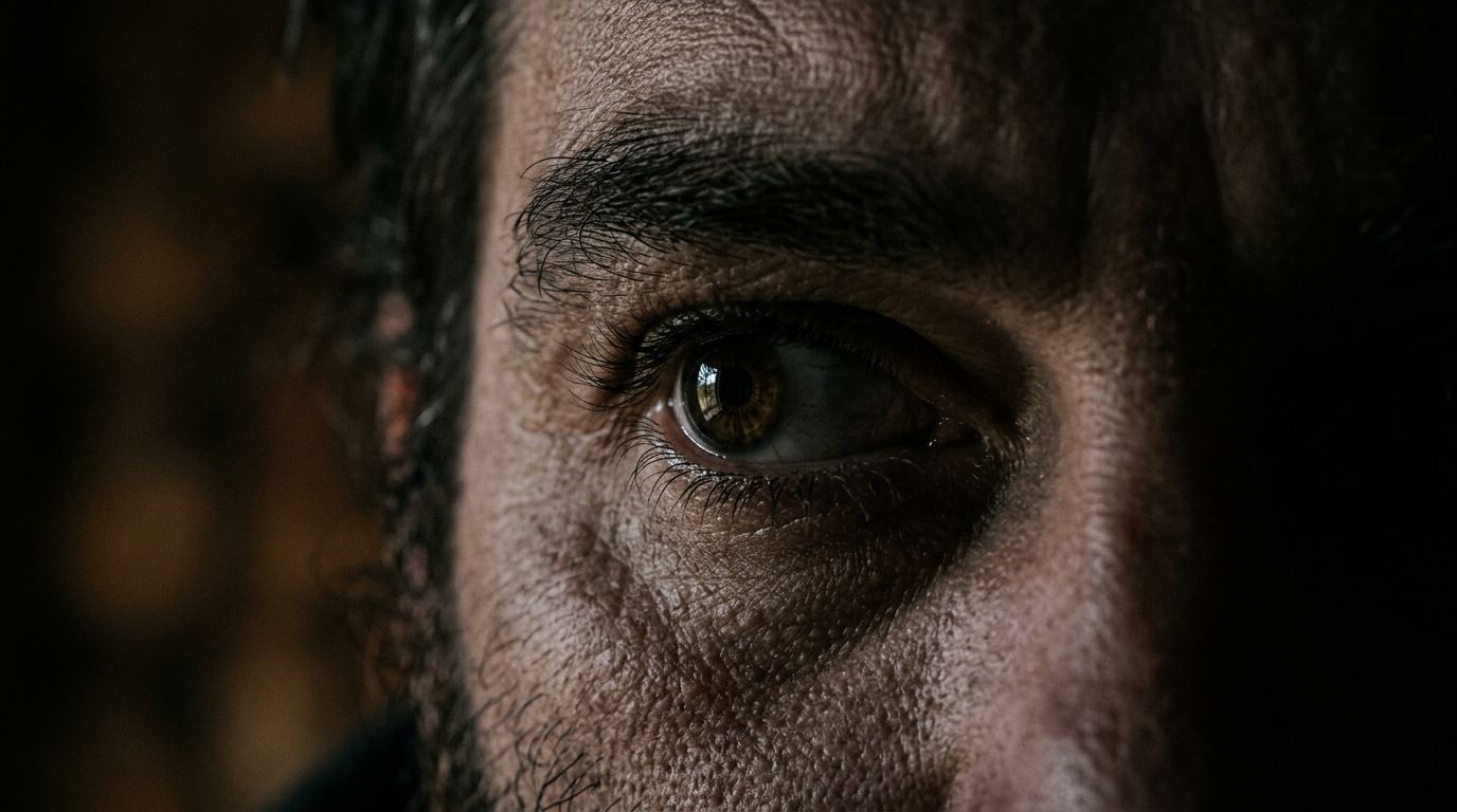 Close crop of a wary human eye in shadow