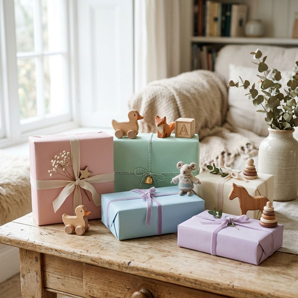 Pastel wrapped gift boxes with small toys