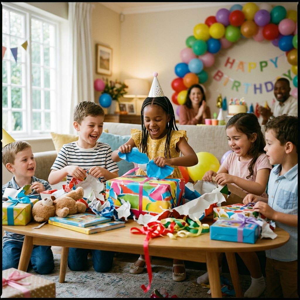 Kids opening gifts at a birthday party