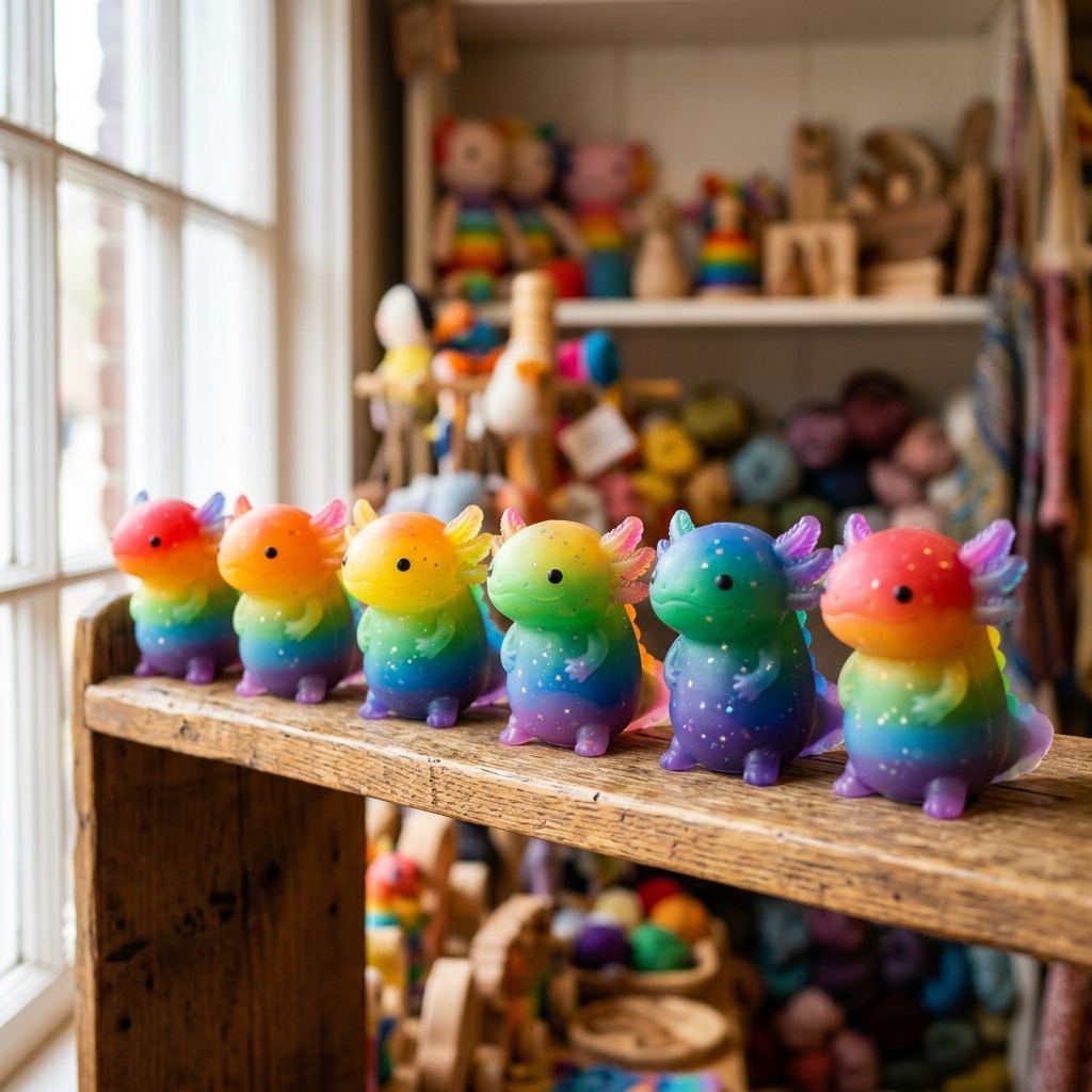 A lineup of colorful trending squishy toys on a shelf