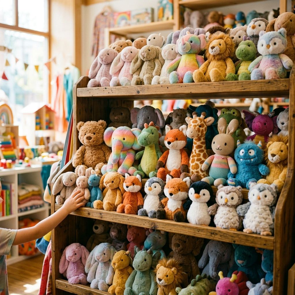 A colorful toy store shelf stocked with plush toys